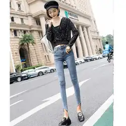 2019 Весна девять точек карандаш джинсы женские Южная Корея Осень новые дикие облегающие ноги брюки стрейч тонкие женские джинсы