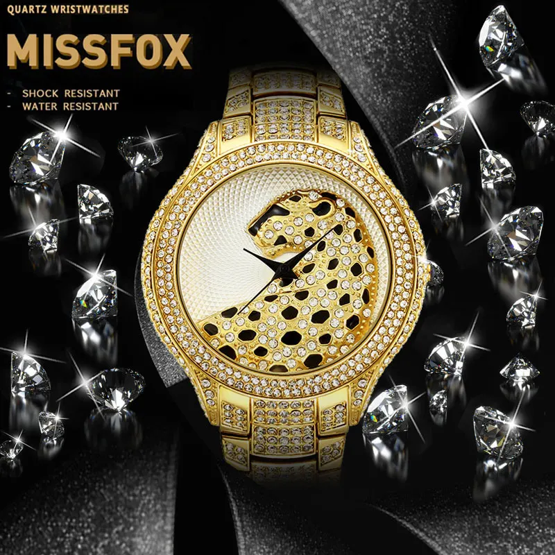 

MISSFOX 3D Leopard Gold Wrist Watch Men Diamond Wrist Watches For Mens Fashion Quartz Golden Clock Hours Gifts for Boyfriend