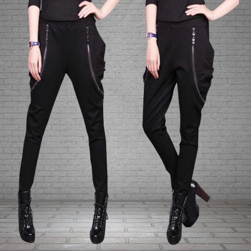 Fall 2020 Women Harem Pants Thin Pleated Fake Zipper Cotton Fibers Skinny Pants Cross-pants Black Punk Woman Pants Plus Size 5XL ruffle fake sleeves girls pleated false cuffs for women sweater wrist warmer female white black color shirts lace cuffs