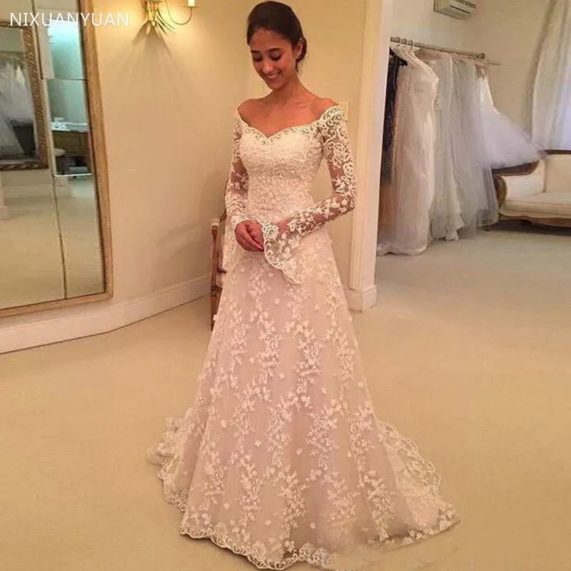 2020 Lace Wedding Dress Long Sleeves White Ivory Bridal Gowns Off Shoulder Covered Button Back Sweep Train Formal Wedding Gowns