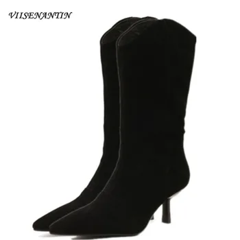 

Slim V-mouth Full Cowhide Stiletto Sleeve Fashion Women Frosted Genuine Leather High Heel Riding Boots Roman Black Autumn Shoes