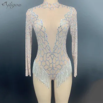 

Ailigou Silver Diamond Tassel Striped Backless Transparent Mesh Bodysuit Female Dancer Ds Wearing Birthday Celebration Costume