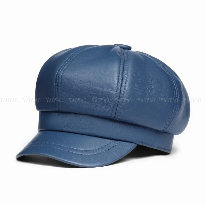 blue Зимняя/Весенняя женская шапка из натуральной кожи с коротким козырьком, розовые/синие купольные береты, шапки - Цвет: blue