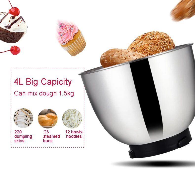 JIQI 4L נירוסטה קערת חשמלי מזון Stand מיקסר שף מילקשייק מקצף שמנת ביצת Whisk בלנדר עוגת בצק לישה