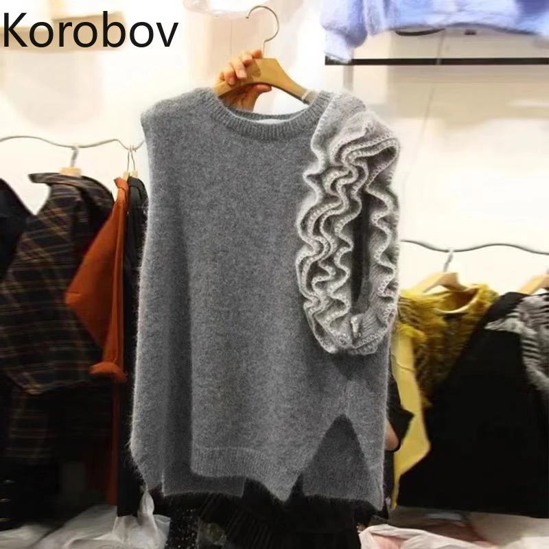 Korobov корейский цветочный лоскутный пуловер без рукавов OL с оборками вязаный Sueter