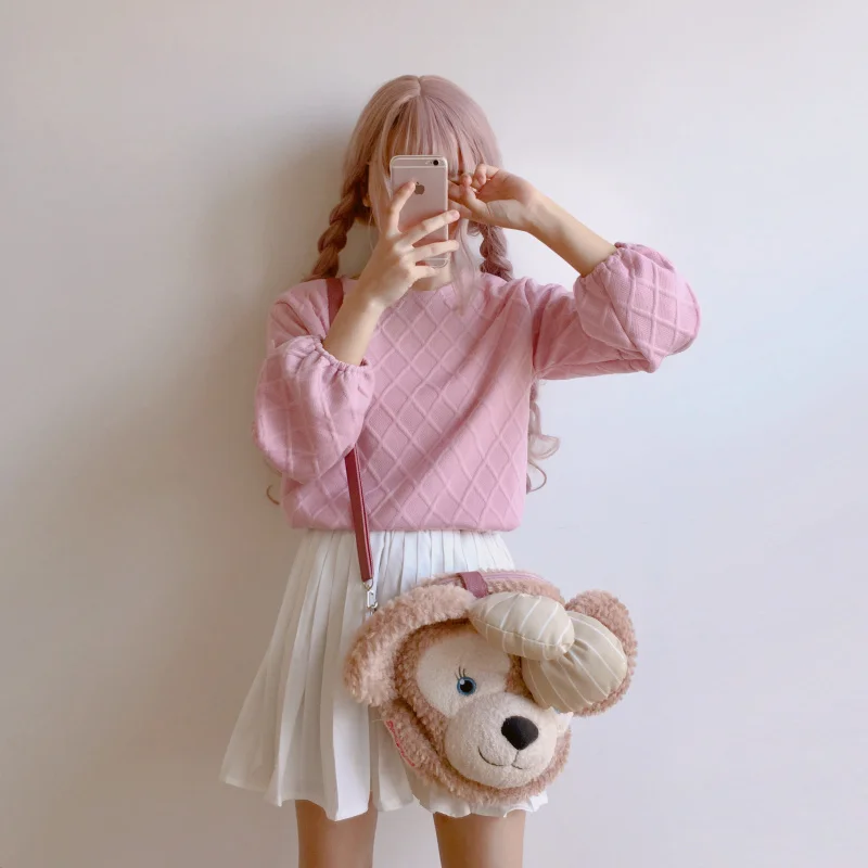 Kawaii, Женский Осенний мягкий милый пуловер с круглым вырезом, пуловер с бантом и рукавами-фонариками, короткий свитер для девочек-подростков в консервативном стиле