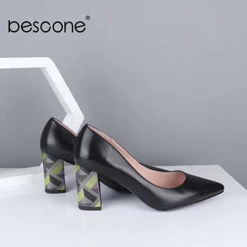 

BESCONE Elegant Pumps Women High Quality Sheepskin Square Heel Office Fashion Pointed Toe Pumps Colorful Heels Shoes Women BC700