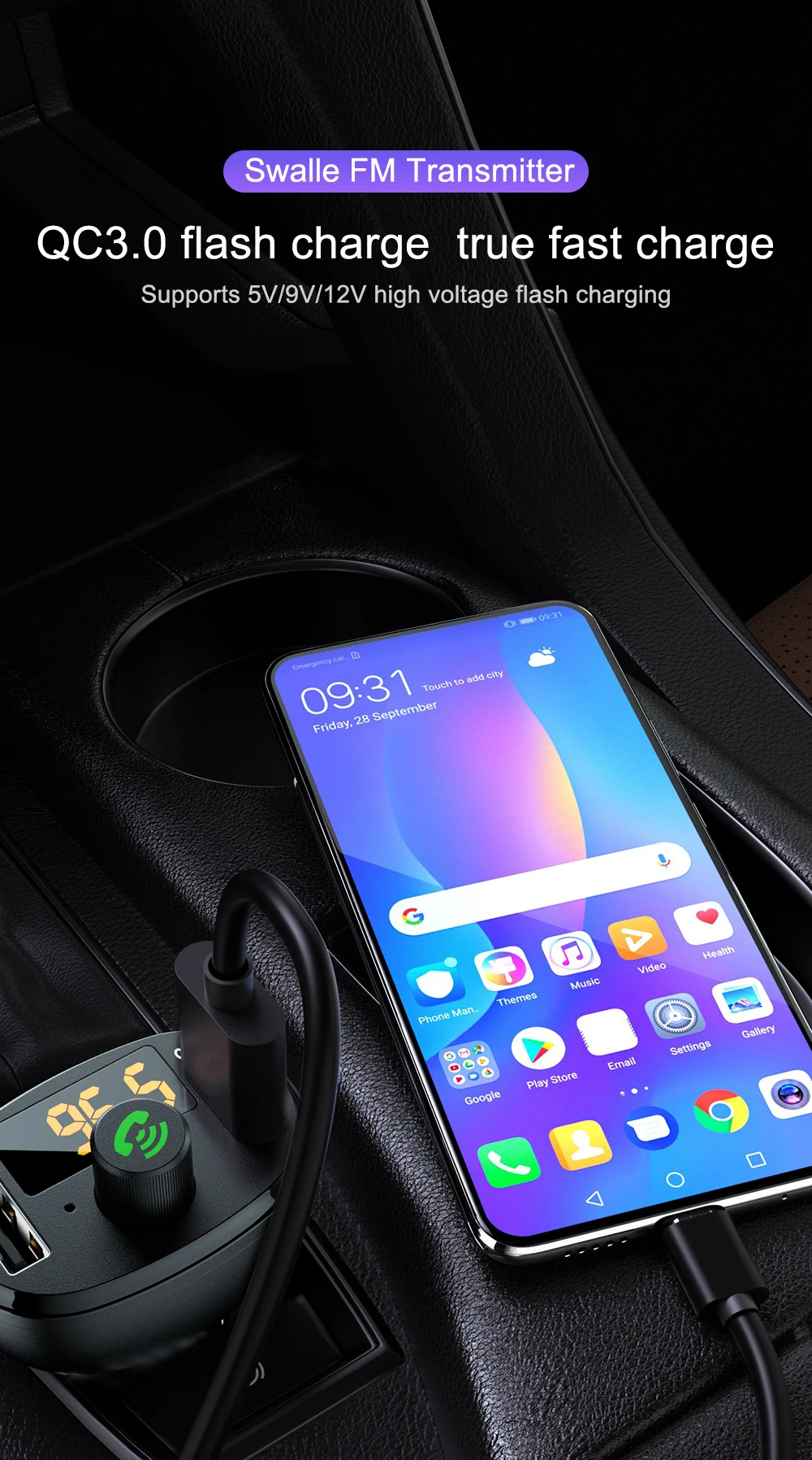 Беспроводной аудиоприемник Swalle, Автомобильный MP3 плеер, Bluetooth, fm-передатчик, QC 3,0, двойное USB быстрое зарядное устройство, автомобильное зарядное устройство