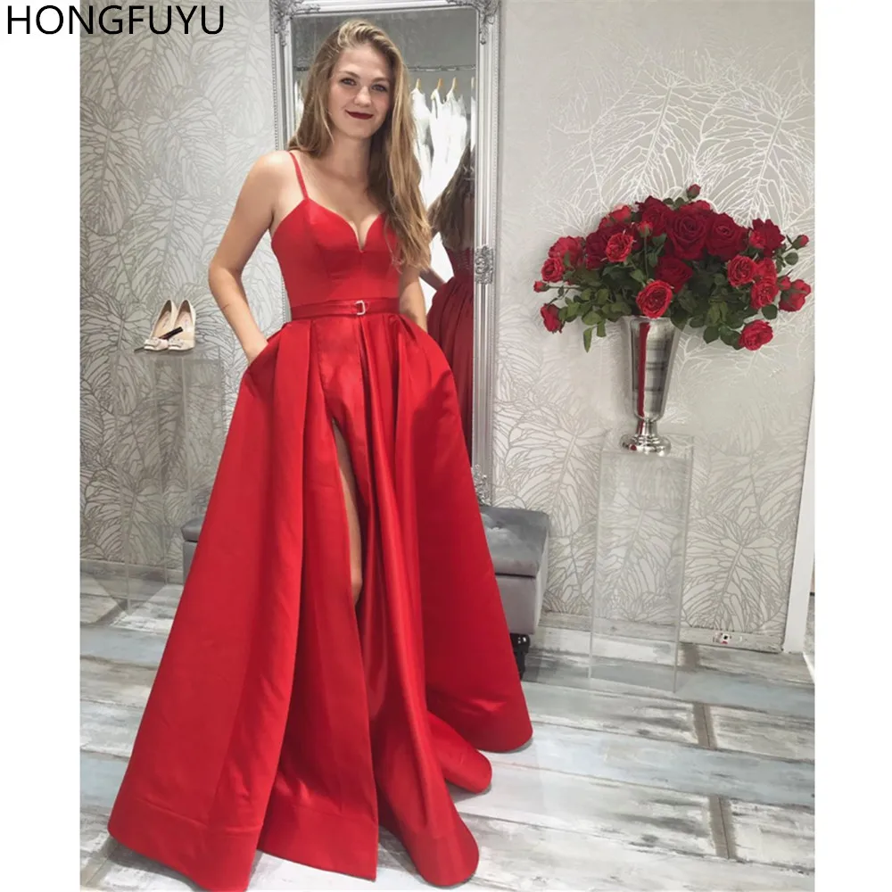 

HONGFUYU Satin Sleeveless Long Cheap Evening Dresses Slit Formal Dress Robe de Soiree Longue Red Prom Party Dress With Pockets