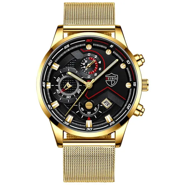 часы мужские Luxury Mens Quartz Stainless Steel Mesh Belt Casual Watches Men Leather Business Date Luminous Watch reloj hombre Mesh Gold Black