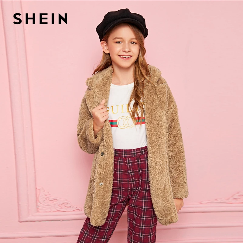 SHEIN/ г. Детское пальто для девочек с зазубренным воротником, со скрытой планкой, плюшевое пальто Детская одежда зимние повседневные пальто с длинными рукавами и пуговицами спереди