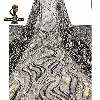 

African lace fabric 2020 high quality green color nigeria french tulle lace with sequins for party dress