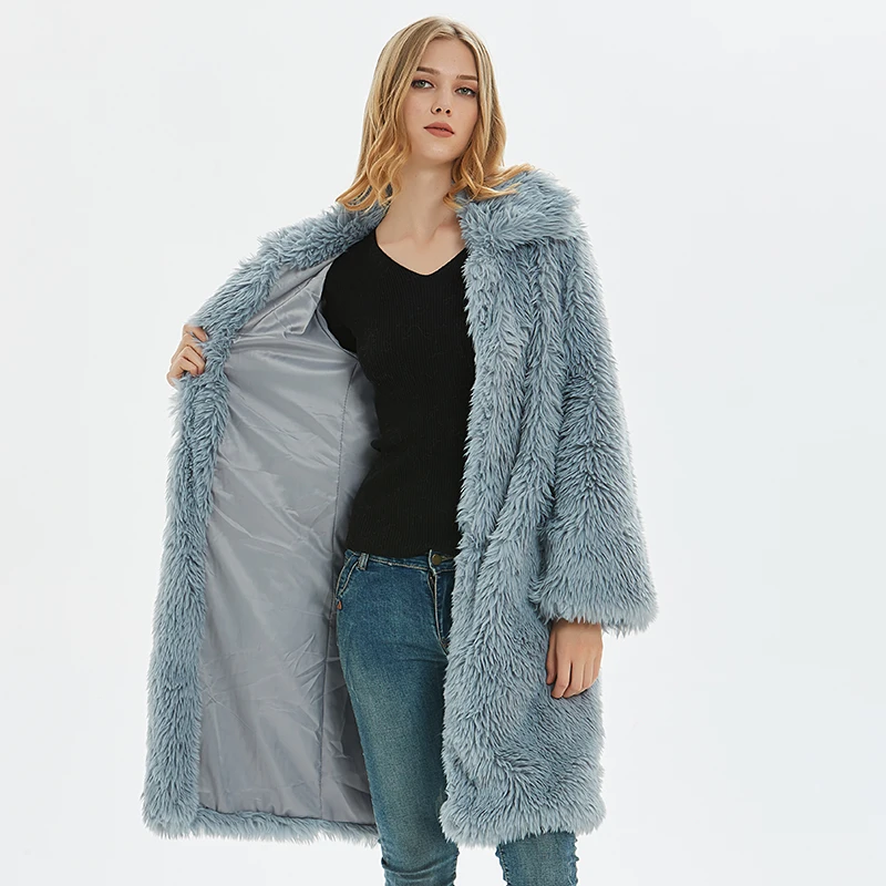 Пальто из искусственного меха осенне-зимнее женское пальто с отложным воротником из плюша теплое пальто X-Long уличная куртка женская