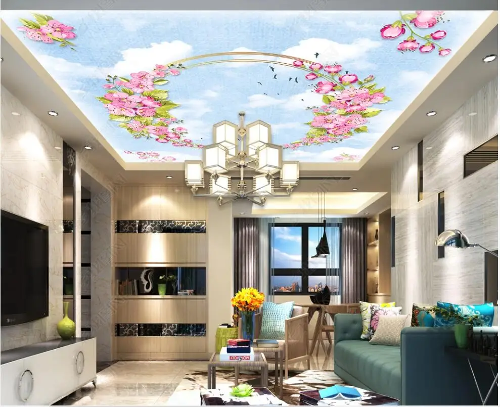 

3d ceiling murals wallpaper custom photo Romantic peach blossom blue sky white clouds 3d wall mural wallpaper in the living room