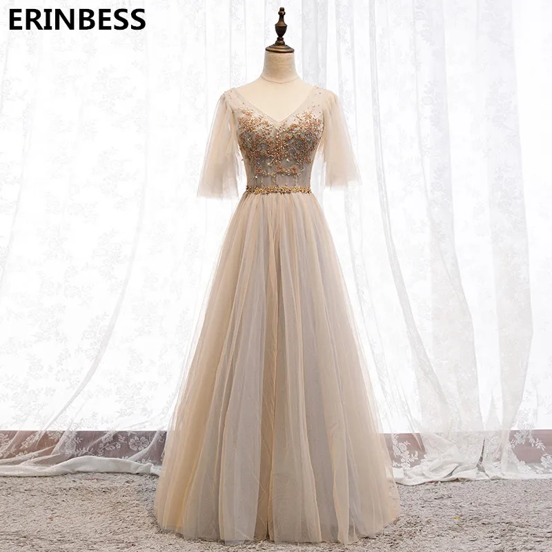 Шампанское Vestidos De Gala, ТРАПЕЦИЕВИДНОЕ ПЛАТЬЕ цвета шампанского для выпускного вечера, длинное кружевное с аппликацией из бусин платье для выпускного вечера с рукавом средней длины и v-образным вырезом - Цвет: Шампанское