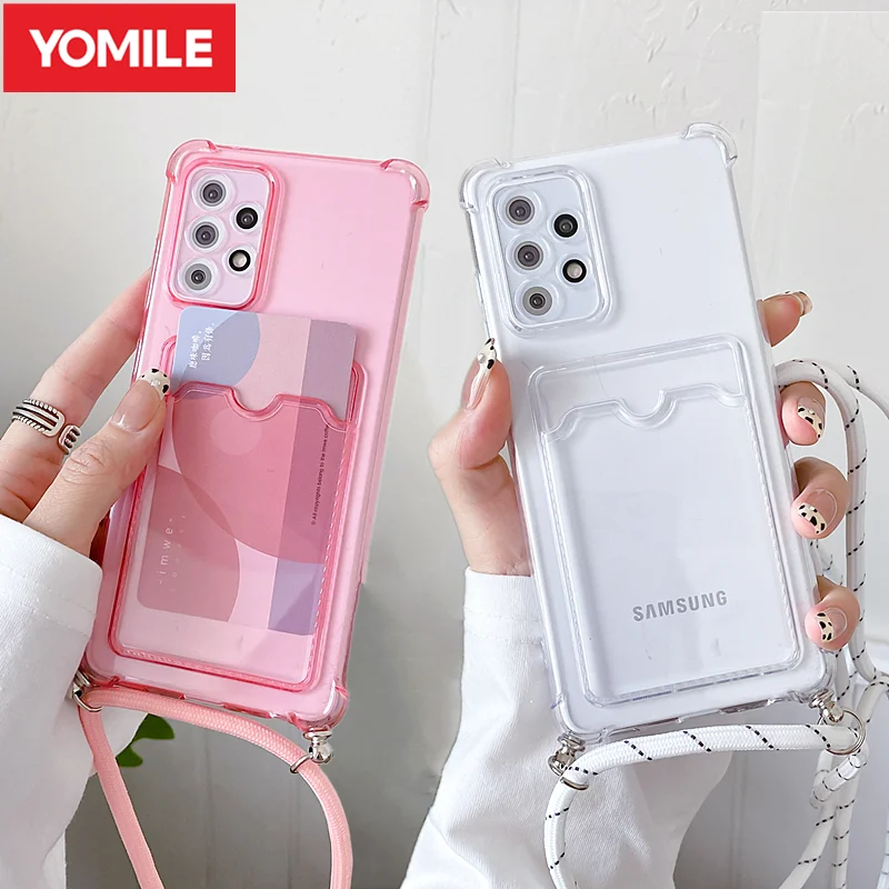 Shockproof Wallet Phone Case For Samsung Galaxy S21 Ultra S20 FE Note 10 20 Plus A12 A32 A52 A72 A02S Transparent Lanyard Cover