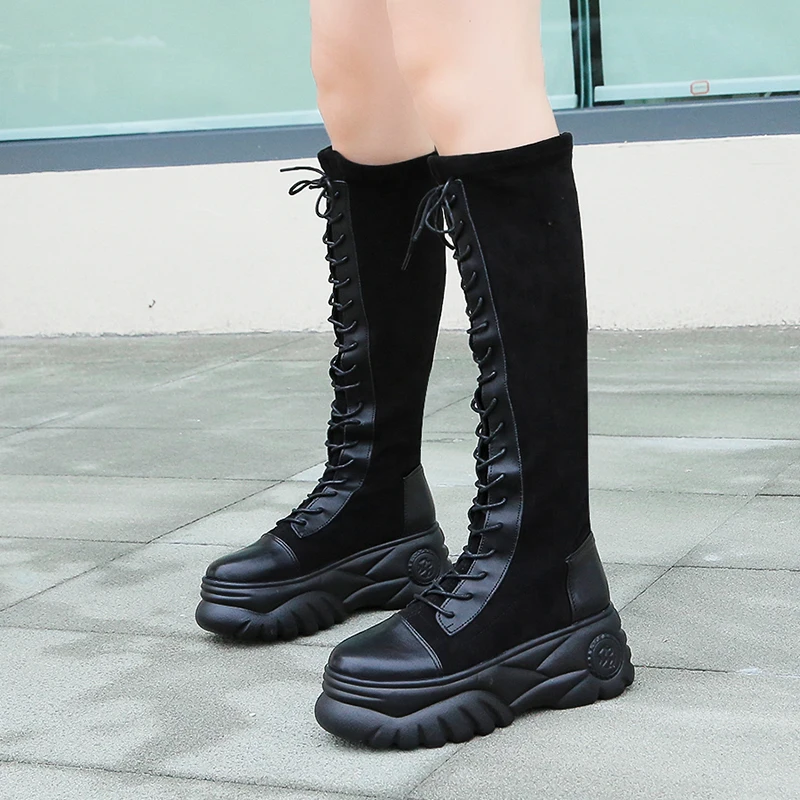 Rimocy/женские эластичные высокие сапоги; женские сапоги до колена на массивной платформе; зимняя обувь в консервативном стиле; женская обувь; цвет серый, черный; bottes femme