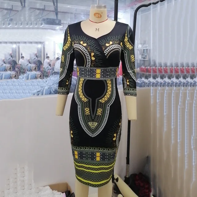African Ladies Dresses Elegant Wrist High Waist V Neck Vintage For Work Office Business Fashion Slim Vestidos Dress Midi 2021 4
