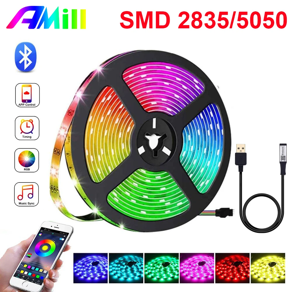 Светодиодная лента AMill 5 м с Bluetooth для комнаты спальни кухни гибкая USB DC в 5050 SMD 2835 RGB