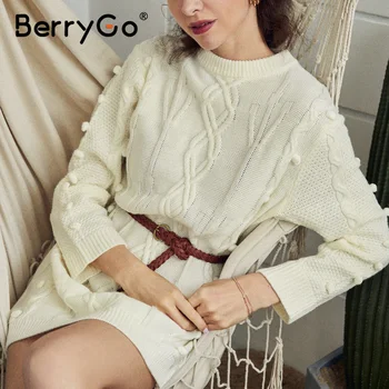 

BerryGo Casual crew neck women knitted dress Autumn winter long sleeve hairball female dress Flexible straight sweater dress