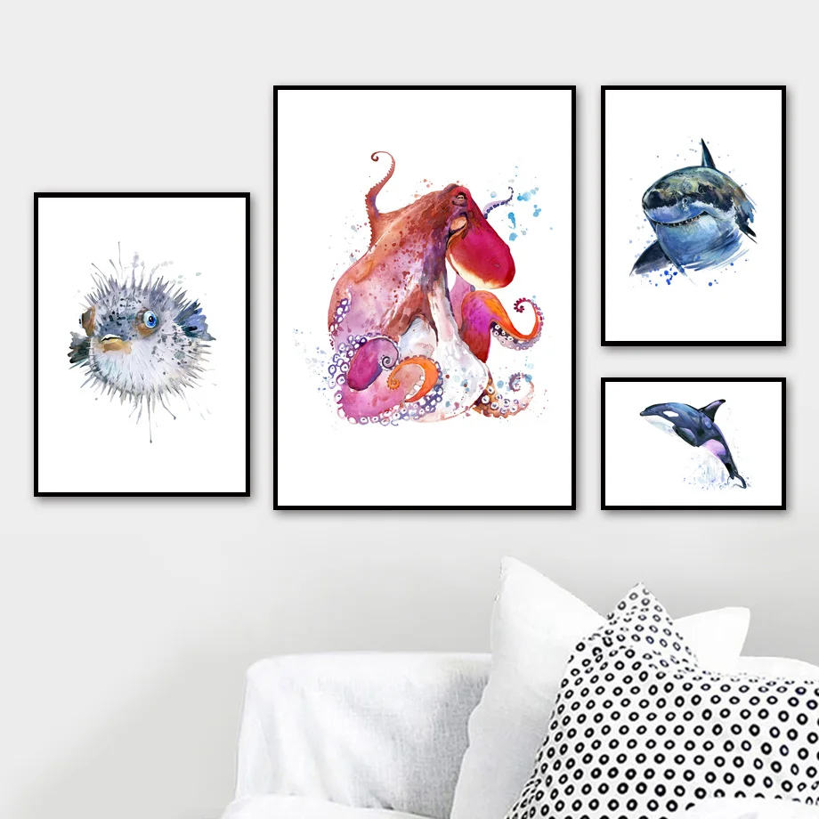 Cartoon-whale-shark-jellyfish-octopus-dolphin-fish-Nordic-poster-and-print-mural-canvas-painting-mural-baby