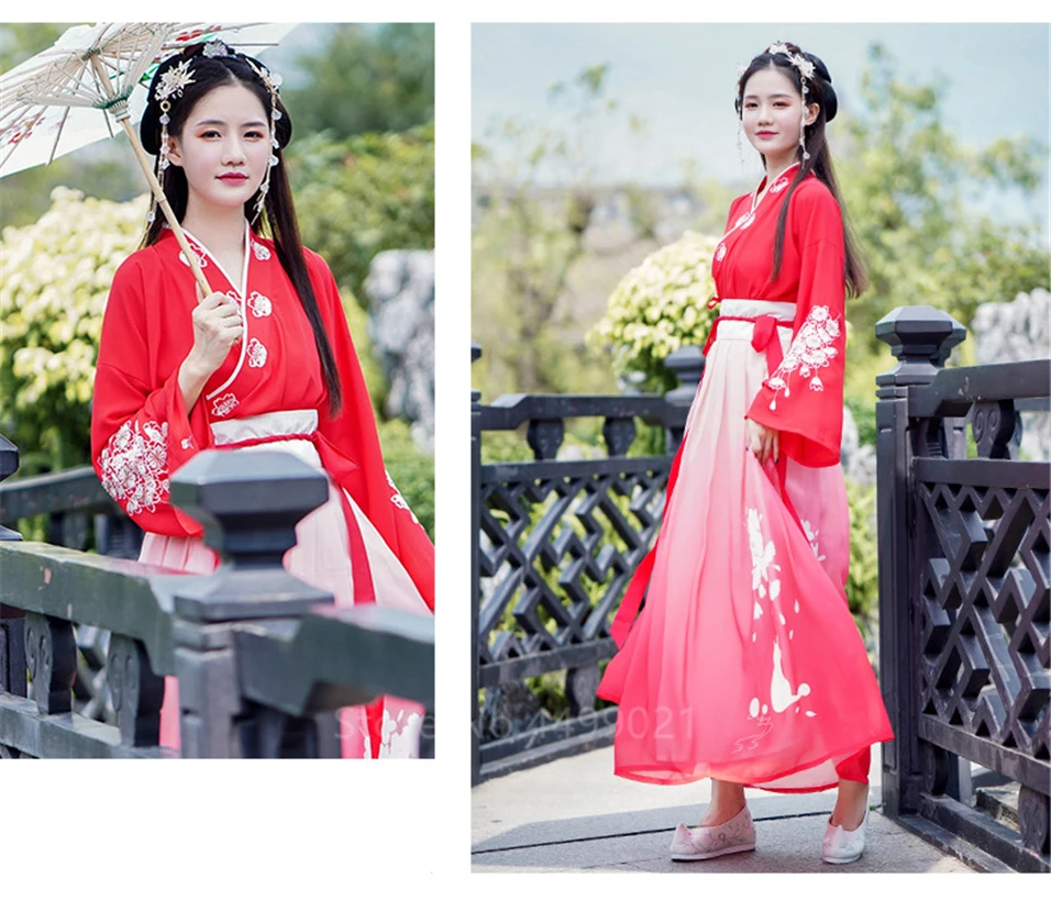 Для женщин Hanfu Новый год Традиционный китайский древний народ танцевальный костюм карнавальный наряд красного цвета; с вышивкой; платье