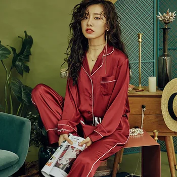 

Women's pajama pants suit new silk pajamas spring and summer long-sleeved solid color letters satin loose home service