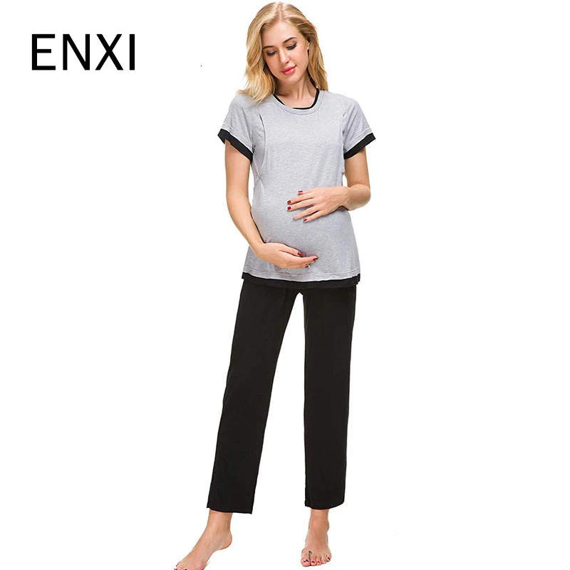 

ENXI Fashion Maternity Suit Black Pants And Grey Coat Pregnancy Suit Ninth Pants Short Sleeve Breastfeeding Tops
