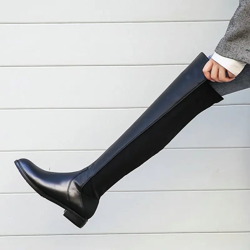Genuine Leather over the Knee High Boots Casual Ladies Sock Shoes Platform Spring Winter Women Long Footwear