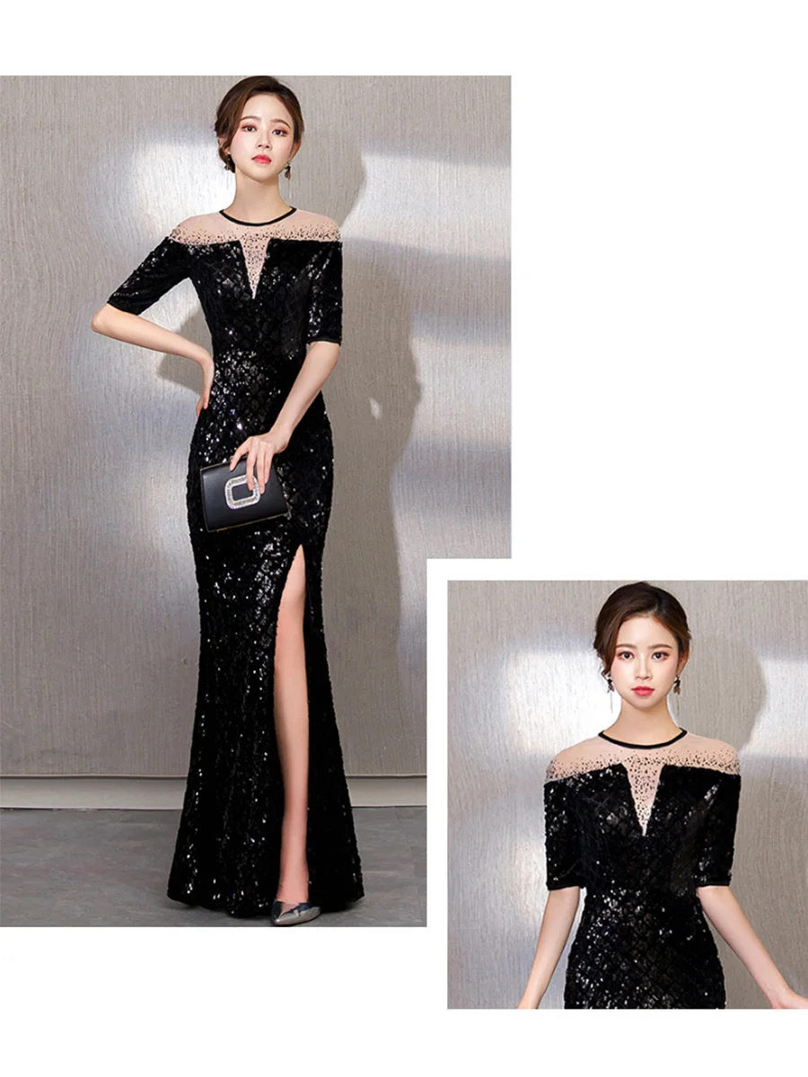 Вечернее платье, черное, сексуальное, с разрезом, Robe De Soiree, круглый вырез, половина рукава, вечерние платья для женщин,, с блестками, Русалка, официальное платье F268