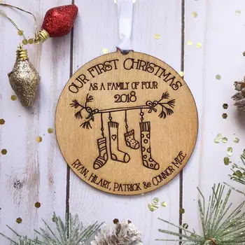 

Wooden christmas decoration pendant,Our First Christmas as a Family of Four, Personalized Xmas Ornament ,Stocking Stuffer Gift