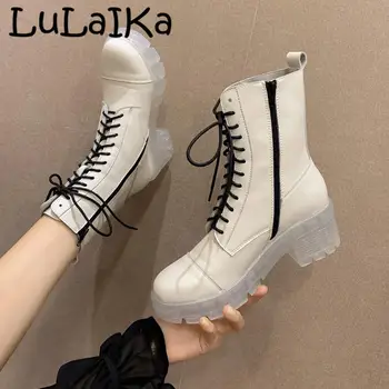 

2020 Fashion Zipper Flat Woman High Heel Platform PU Leather Boots Lace Up Women Shoes White Military Botas Mujer Girls 6cm