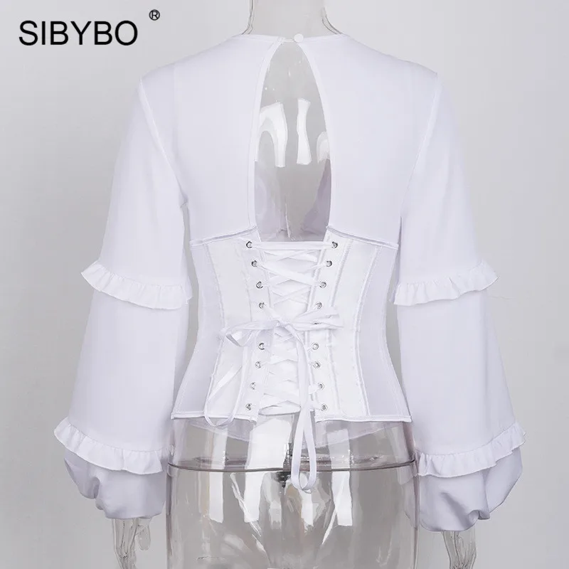 SIBYBO, женская футболка на шнуровке с длинным рукавом и оборками, сексуальные женские топы, белые, с открытой спиной, повседневная женская футболка