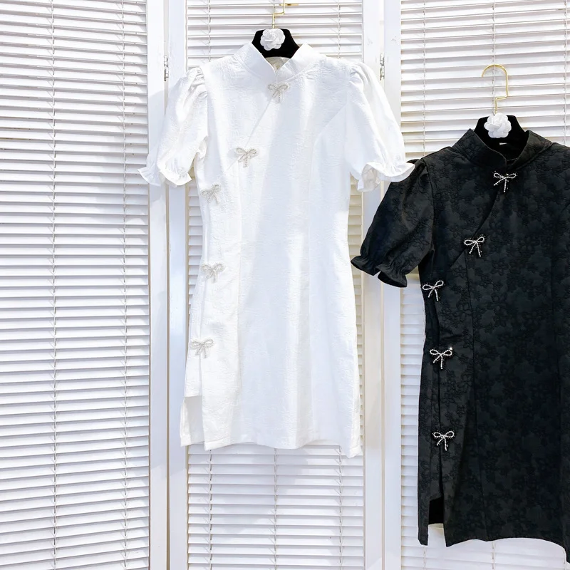 

Женское офисное платье с бантом, Элегантное повседневное ТРАПЕЦИЕВИДНОЕ ПЛАТЬЕ в китайском стиле с круглым вырезом и коротким рукавом, лето 2022