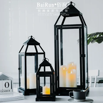 

Windproof Outdoor Candle Holder Glass Stand Black Iron Large Candle Holder Rustic Nordic Candelabro Vela Lantern Holder JJ60ZT