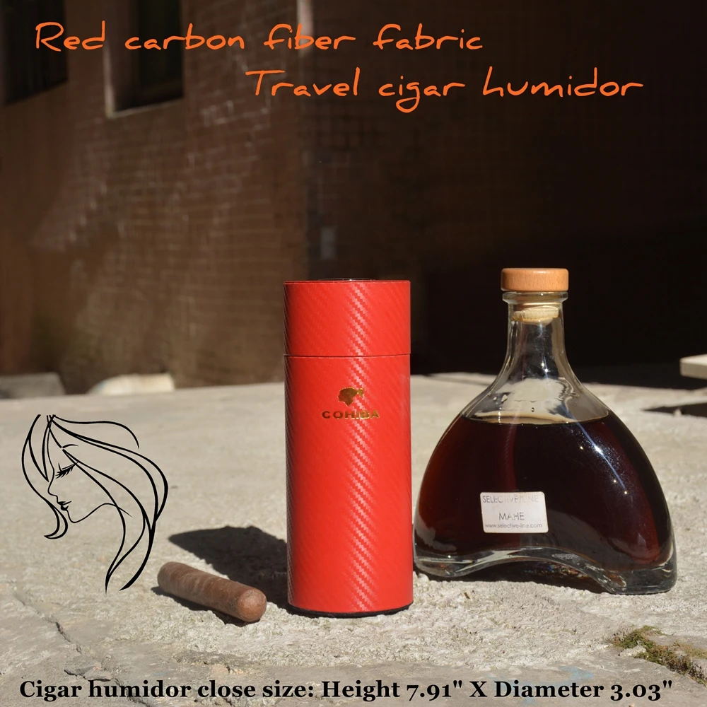 

Cigar Case COHIBA Red Carbon Fiber Cedar Wood Lined Cigar Tube Mini Travel Humidor With Humidifier For Cuba Habanos Cigars