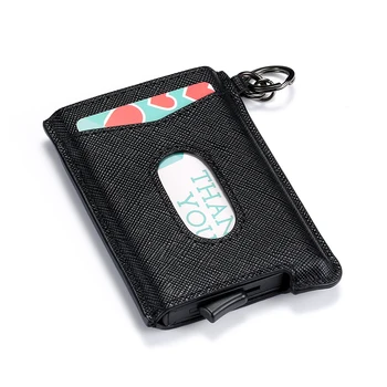 

BYCOBECY Cowhide Business Card Case RFID Smart Card Holder Aluminum Box Pup Up Card Wallet Slim Anti-theft Security ID Holders