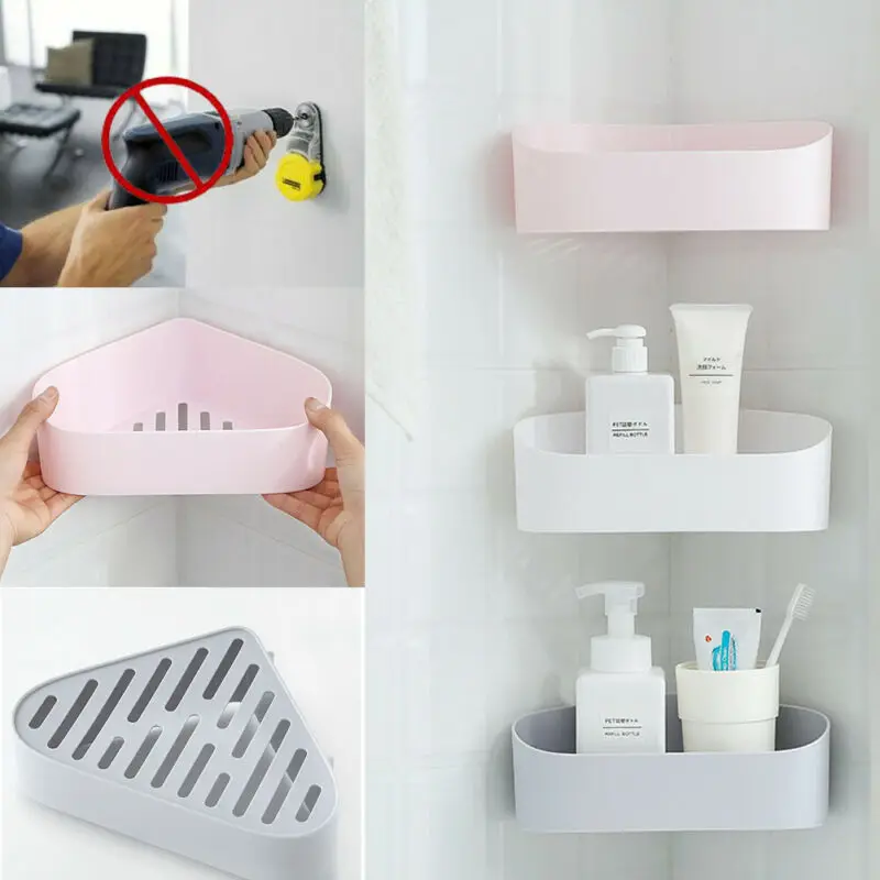 Punch free Corner Bathroom Storage Rack Snap Up Shelf Wall mounted