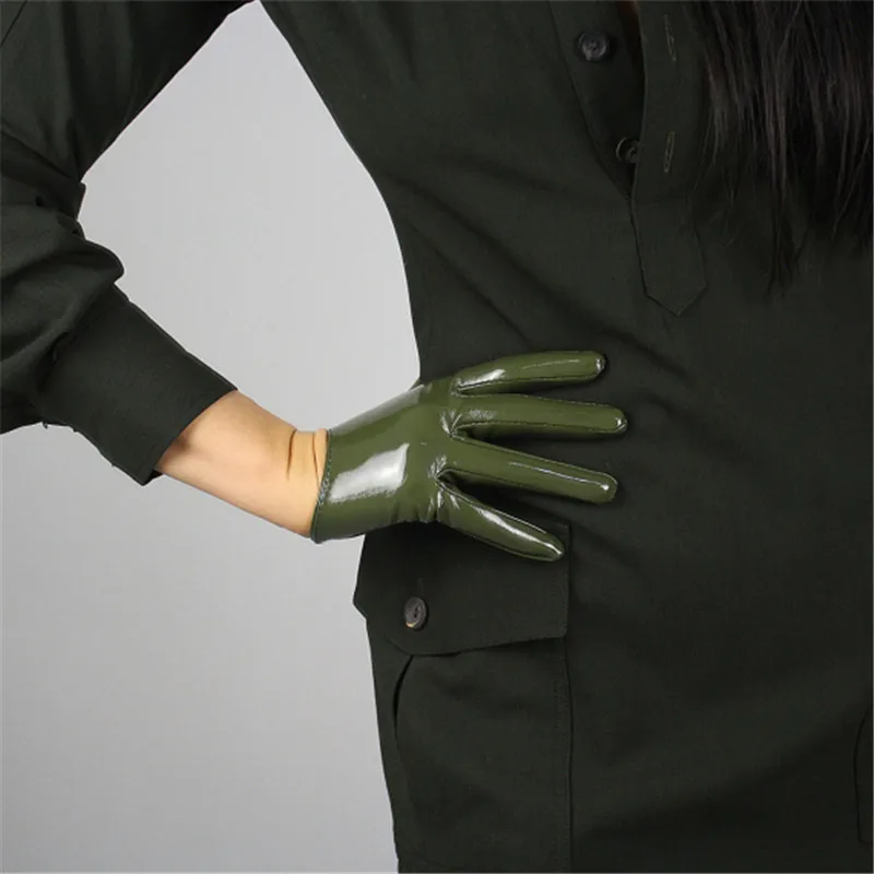 patent leather green 16 см кожаные перчатки для сенсорного экрана ультракороткие кожаные перчатки из овчины, зеркальные Яркие Кожаные темно-коричневые кофейные женские PU102-16 - Цвет: patent leather green