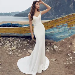 2022 Ivory Mermaid Wedding Dresses Appliqued Frence Bridal Gowns Sweep Train Lady Marriage Formal Party Dress Vestidos De Noiva