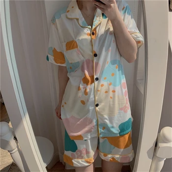 

Multicolor Painting Cloud Print Sleepwear Set Summer Women Loose Home Suit Sleep Tops+Shorts Japanese Korean Pajama Kawaii S1011