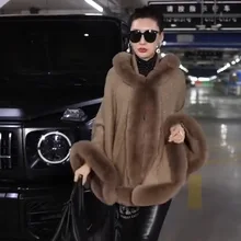 2021 Women Winter Loose Poncho Big Pendulum Cape Bright Wire Faux Fur Collar Cloak Batwing Sleeves Outstreet Shawl Coat With Hat