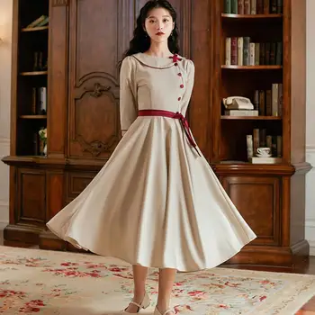

2020 spring autumn Women Vintage Pleated Dress Sweet Peter Pan Collar Preppy Style Lace Up Elegant mid-calf dress r2422