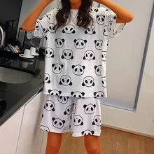 Women's summer suit pajamas Sleepwear home service loose casual printed pajama set woman 2 pieces suits with T-shirt and shorts