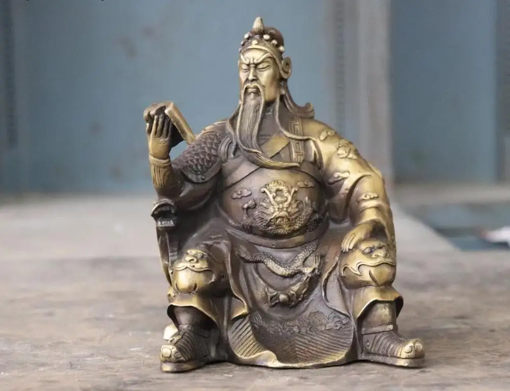 Китайский народный латунный медный Дракон Guan Gong Guan Yu Read Book Warrior God статуя