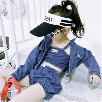 

2020 Korea style girls 3 pcs denim set coat+vest+shorts fashion spring summer girls suit 3-9t C910
