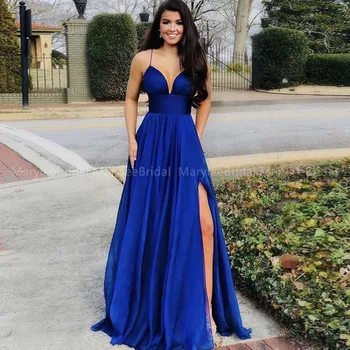 

Royal Blue 2019 Prom Dresses V-Neck Spaghetti Straps A-line High Slit Formal Party Long Prom Gowns Evening Dress Robe De Soiree
