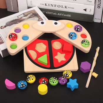 

BabyWooden Toys Ladybug Game Multicolour Shape Block Learning & Educational Table Fish Game For Children