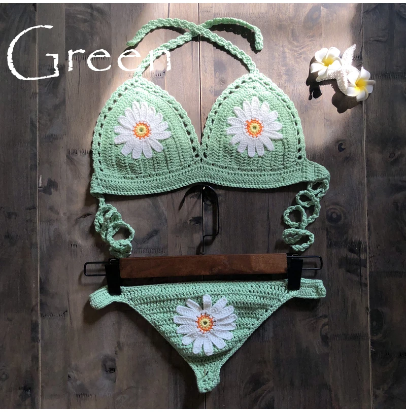 New Fashion Beach Bikini Set Knitting Swimsuit Crochet Bohemia Style Off Shoulder Bathing Handmade Sexy Bikini