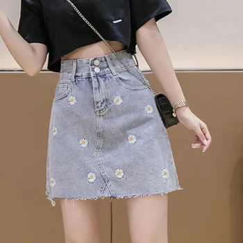 

Falda Mujer Embroidery Floral Denim Skirt Women Pockets Zipper Womens Skirts 2020 New Summer A-Line Woman Clothes Jupe Femme